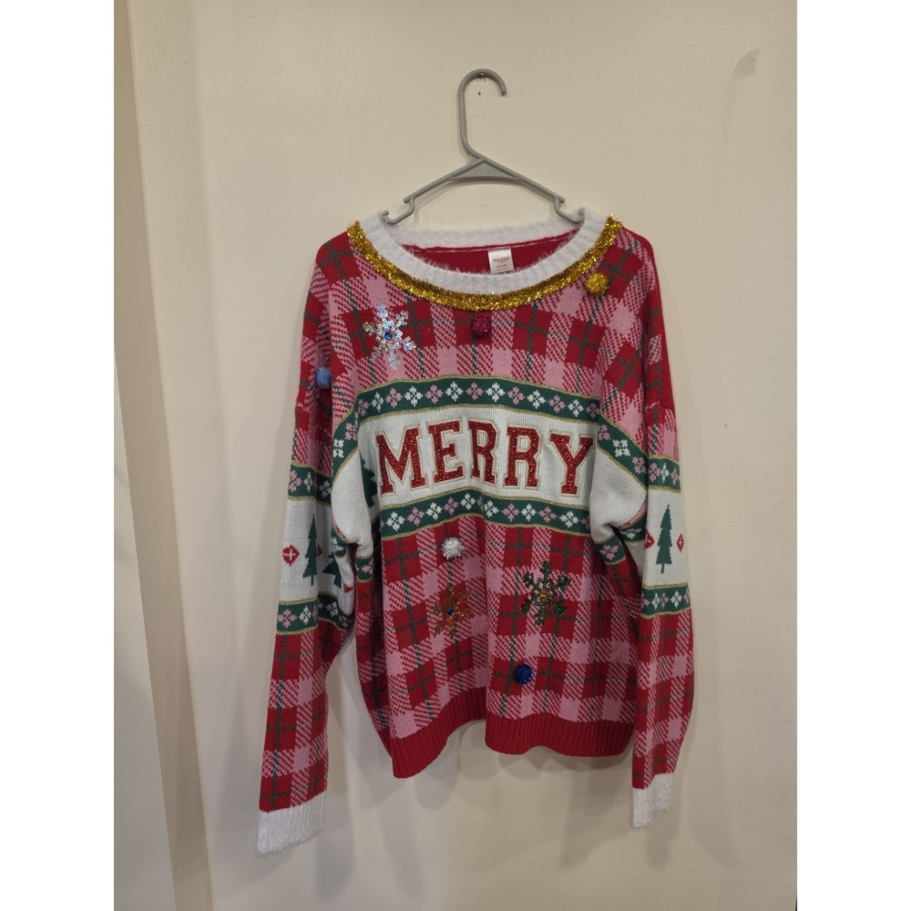 HOLIDAY TIME 'Merry' Christmas Plaid Embellished "ugly" Sweater Women's Size XXL